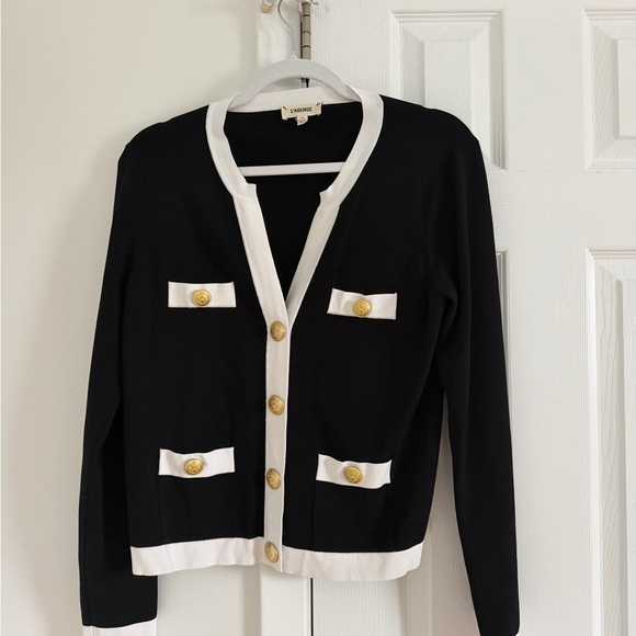 L'AGENCE Estefania Cardigan Lady Jacket Top Black White Gold Buttons - Picture 3 of 8